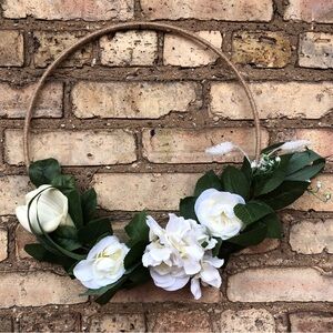 White Abstract Spring Garden Floral Flower Twine Tweed Hoop Wreath